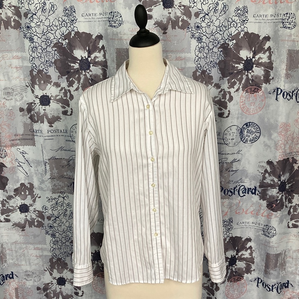 Charter Club White and Black Striped Button Down Shirt Petite